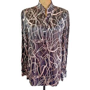 Per Se Women's Black Pink Pearls Print High Collar Long Sleeve Tunic Blouse SZ 8